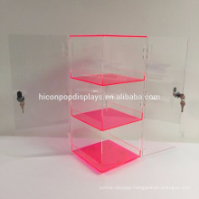 Commercial Double Door Lockable 3-Layer Clear Neon Red Acrylic Rotating Display Tower Showcase